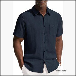 Men's Linen Short Sleeve Button Down Shirt Wrinkle Free Casual Summer